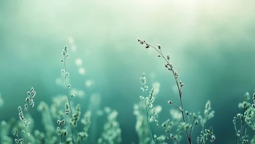 Whispers of wild grass swaying in soft teal morning light.
