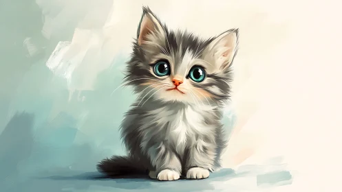 Soft Kitten Portrait with Luminous Teal Eyes and Feathered Strokes
