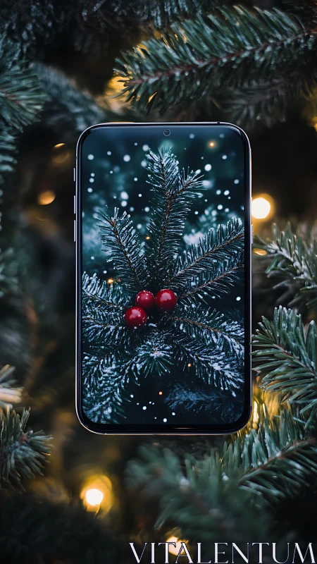 Smartphone framed by fir branches with winter berries.