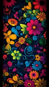 Vibrant Garden Dance: Colorful Flowers on Dark Canvas.