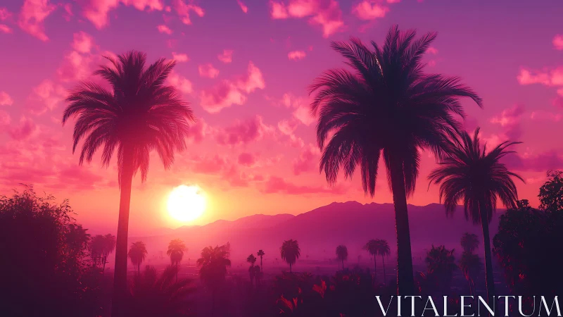 Dreamy palm tree sunset glowing in soft pink skies.