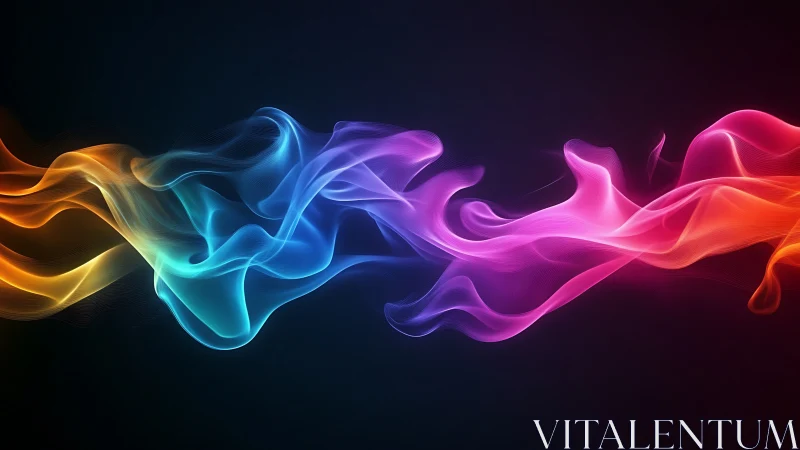 Digital painting of multicolor flowing waveforms on black field.