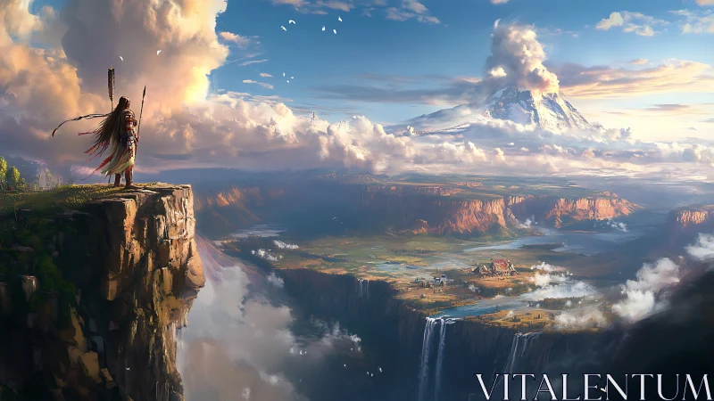 Lone wanderer surveys vast cliffside world at sunrise.