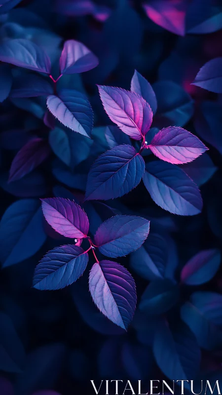 Neon magenta leaves under deep cyan low-key foliage lighting.