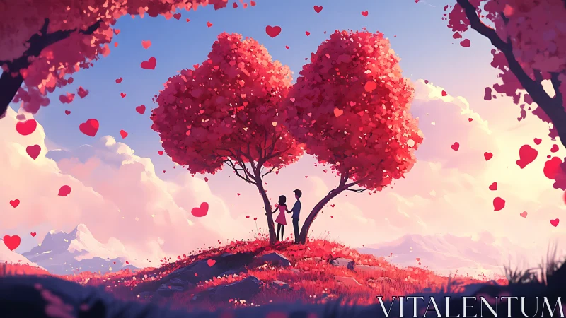 Two Figures Beneath Heart-Shaped Tree in Romantic Landscape.