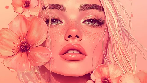 High saturation floral portrait with stylized freckles and glossy lips
