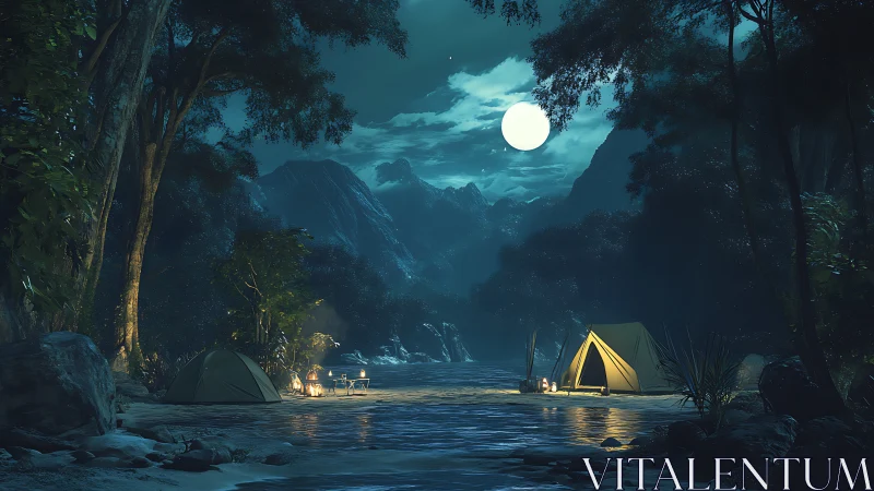 Night camping in mountainous valley with illuminated tents.