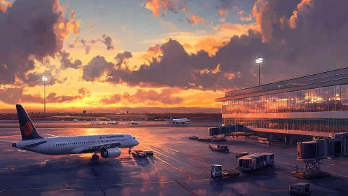 Sunset-lit commercial jet on reflective airport apron.