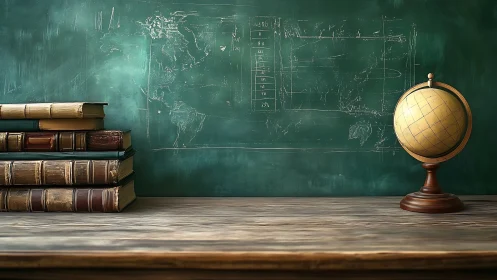 Vintage classroom globe and books inspiring gentle curiosity.