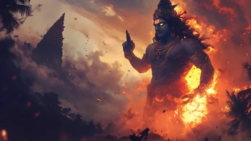 Divine fiery deity strides through storm-lit temple ruins.