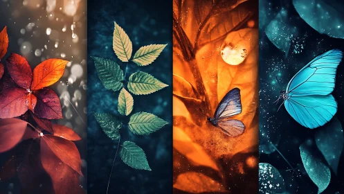 Seasonal botanical panels with luminous butterflies and bokeh.