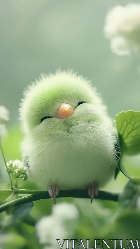 Fluffy green chick perched on branch in soft focus setting.