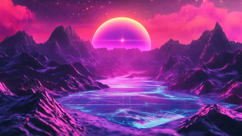 Neon eclipse over crystalline cyber-lake on alien dusk world.