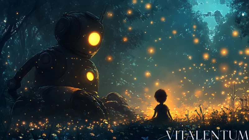 Robot and child in firefly lit forest clearing at dusk.