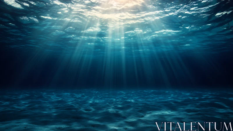 Sunlit underwater seafloor with deep blue rays of light.