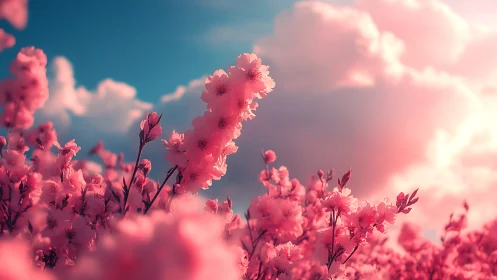 Pink Blossoms Against Cloudscape. Dawn.