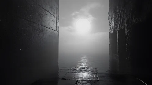 Monolithic corridor frames misty sunlit flooded horizon.