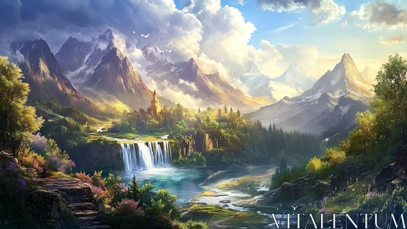 Sunlit mountain valley with waterfalls and a hidden castle.