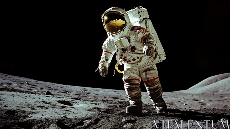Astronaut strides across stark lunar surface under black sky.