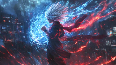 Storm-haired warrior folds neon fire and frost into silence