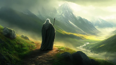 Wandering wizard follows a glowing path through misty peaks.