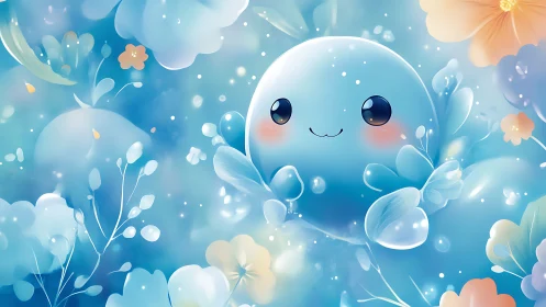 Kawaii blue jelly creature in luminous floral underwater bloom