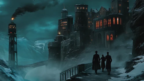 Mysterious cliffside academy glowing through winter fog.