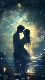 Silhouetted couple in luminous water embracing beneath glowing sky.