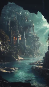 Moonlit river fortress carved into ancient misty cliffs.