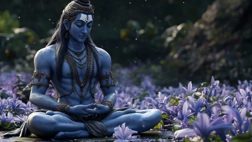Serene blue deity in meditation amid dreamy lilac blossoms.