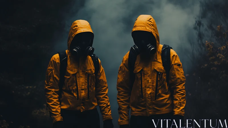 Two hooded figures in yellow hazmat jackets within dense toxic fog