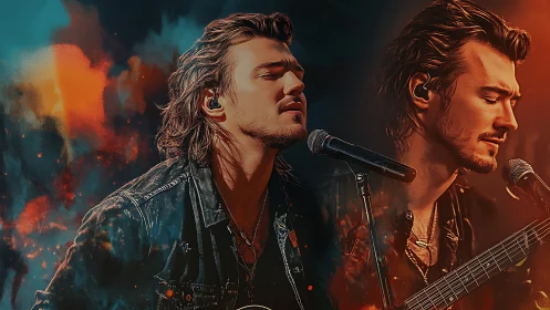 Dual portrait of male rock vocalist in cinematic stage lighting