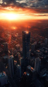 Sunlit tower spears the horizon above a smoldering metropolis.