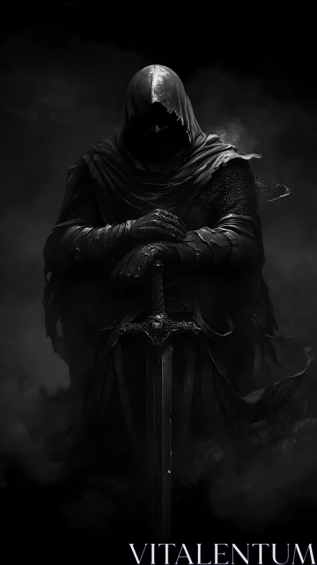 Hooded armored figure with greatsword in dense shadowed mist.