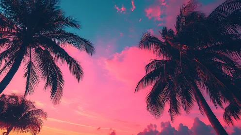 Palm tree silhouettes under gradient tropical evening sky.