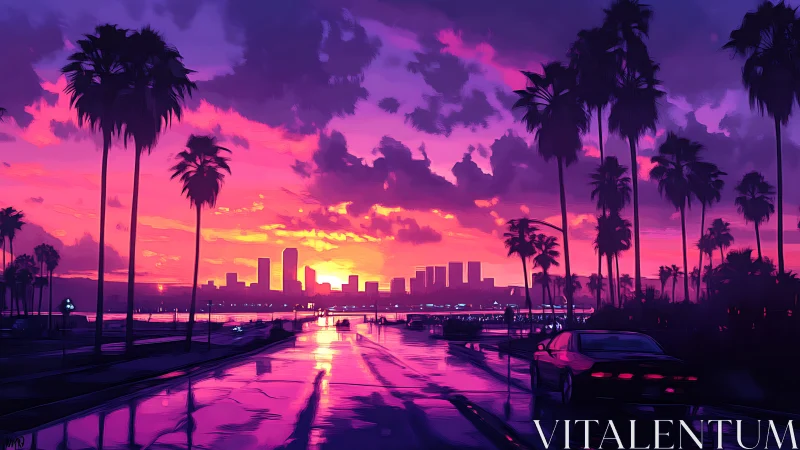 Neon-lit palm road at sunset facing distant city skyline.