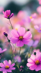 Pink cosmos flowers with yellow centers and buds in soft focus field