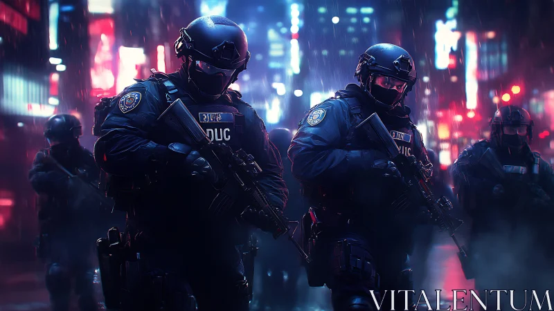 Tactical police unit advancing through neon rain-soaked city.