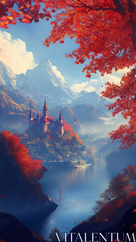 Autumn castle dream by a misty mountain river valley.