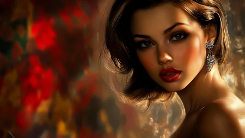 Digital portrait of glamorous woman with vivid bokeh backdrop.