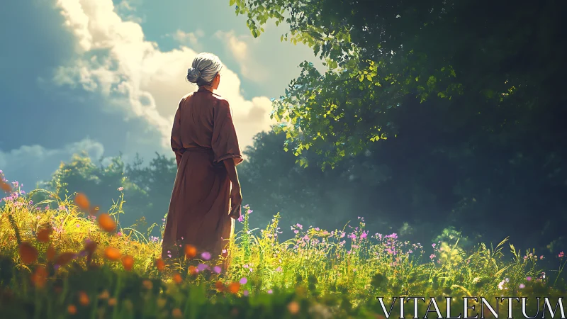 Elderly woman stands in sunlit wildflower meadow edge