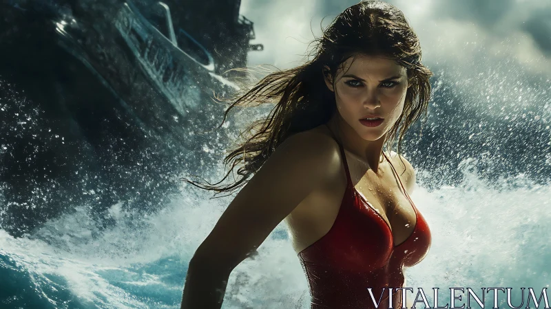 Fearless woman in red swimsuit facing stormy crashing waves.