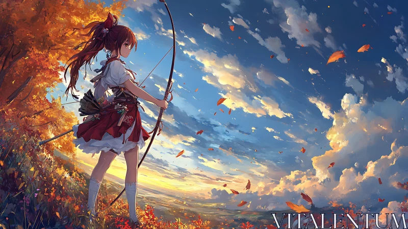 Autumn archer in dynamic skylit landscape composition.