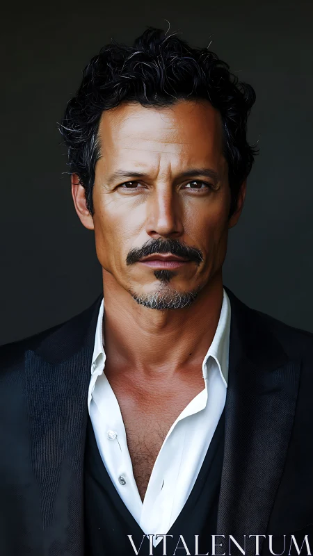 Intense middle aged man gazes forward in sharp studio light