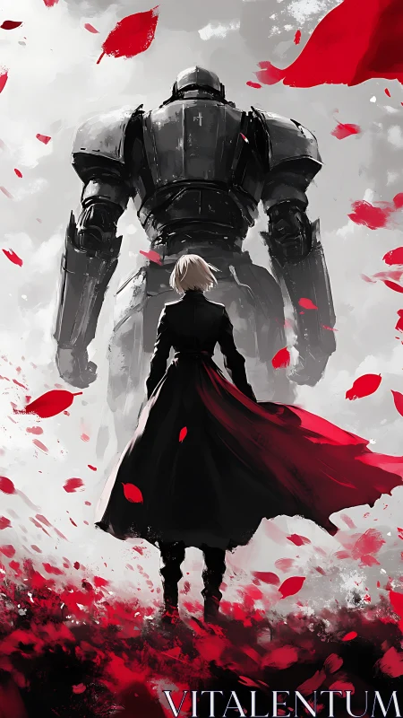 Solitary figure before armored mech amid crimson petals