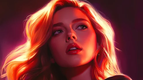 Digital painting portrait with neon rim light and glossy finish.