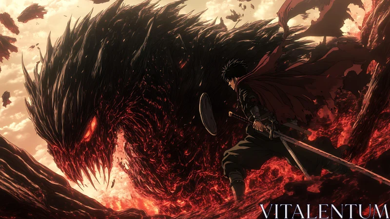 Swordsman confronts molten dragon entity in fiery landscape.