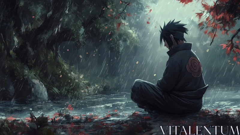 Solitary shinobi meditating beside rain‑streaked forest stream.