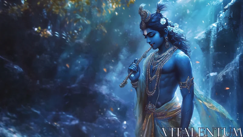 Luminescent blue deity with flute in misted forest cascade.