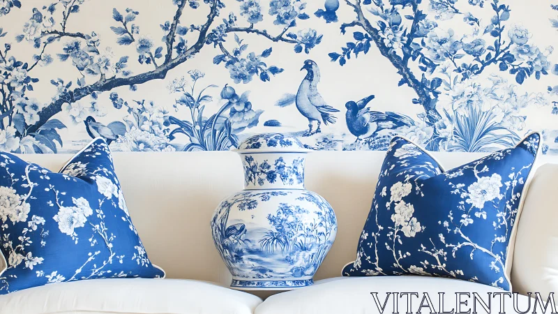Blue and white chinoiserie vase with matching floral pillows